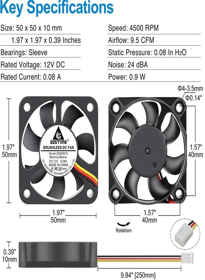 GDSTIME 50mm Fan 3 Pin, 12V 50x50x10mm Mini DC Brushless Cooling Fan Replacement for CPU Heatsink, Northbridge Cooler (2 Pack) - Image 4